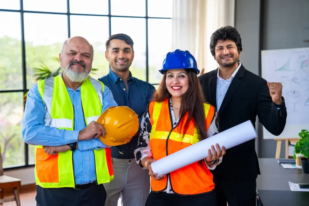 cuatro profesionales de la construcción y arquitectura posando con planos y cascos de seguridad