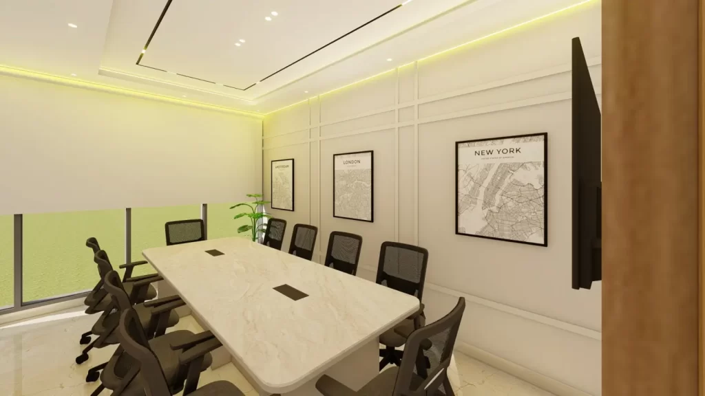 Sala de juntas elegante con mesa de mármol, sillas ergonómicas, cuadros de mapas en la pared y luz ambiental cálida.
