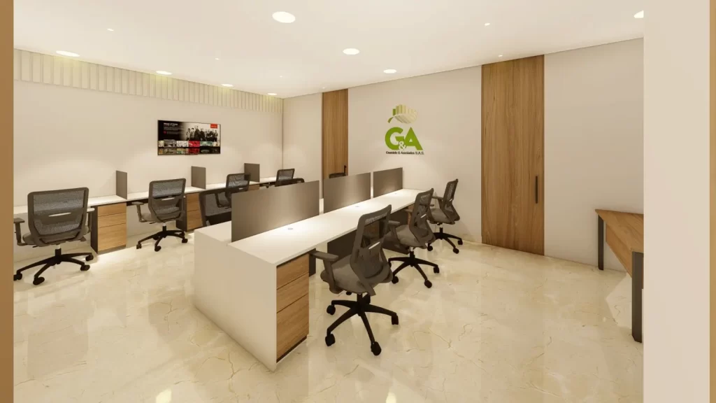 Oficina compartida con escritorios modernos, sillas ergonómicas, logo de empresa en la pared y pantalla de televisión.