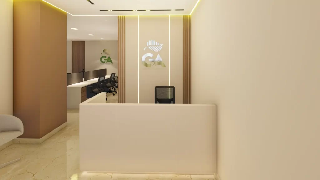 Recepción de oficina moderna con mostrador minimalista, silla de atención y logotipo corporativo iluminado en la pared.