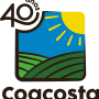 Logo de Coacosta con el texto "40 años" en la parte superior izquierda, y un diseño que muestra un sol amarillo sobre campos verdes bajo un cielo azul, acompañado del texto "Coacosta" debajo.